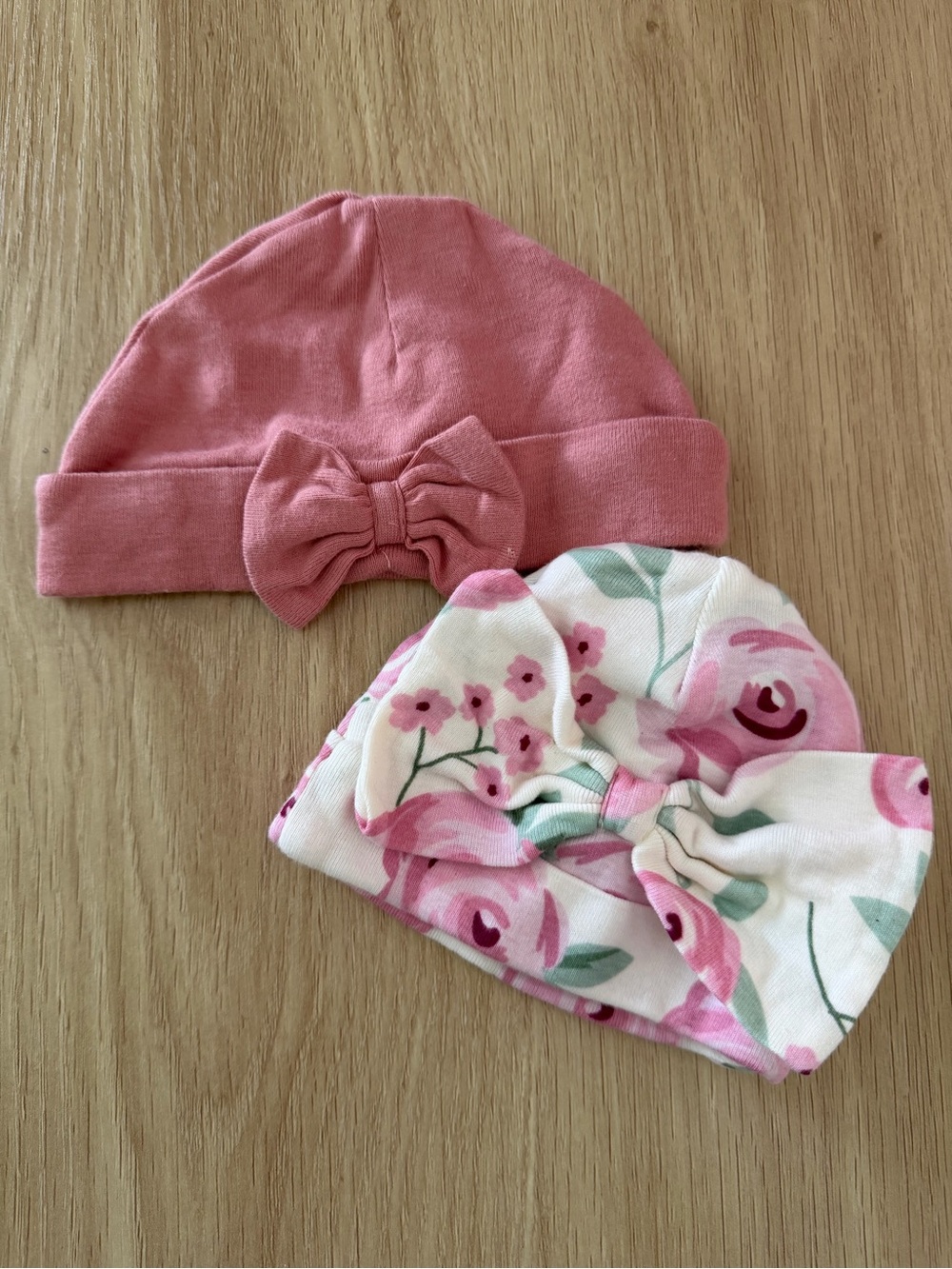 Pink Solid & Floral Knot Baby Hats